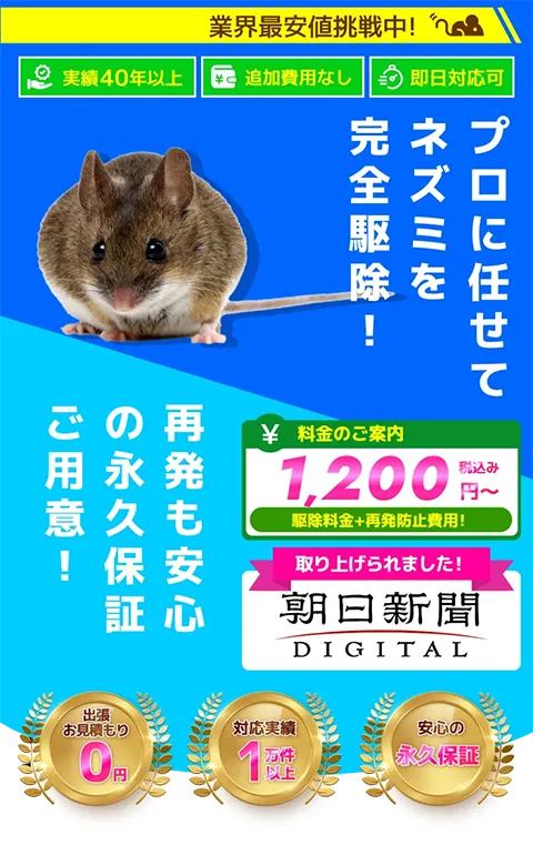 プロに任せてネズミを完全駆除！再発も安心の永久保証ご用意